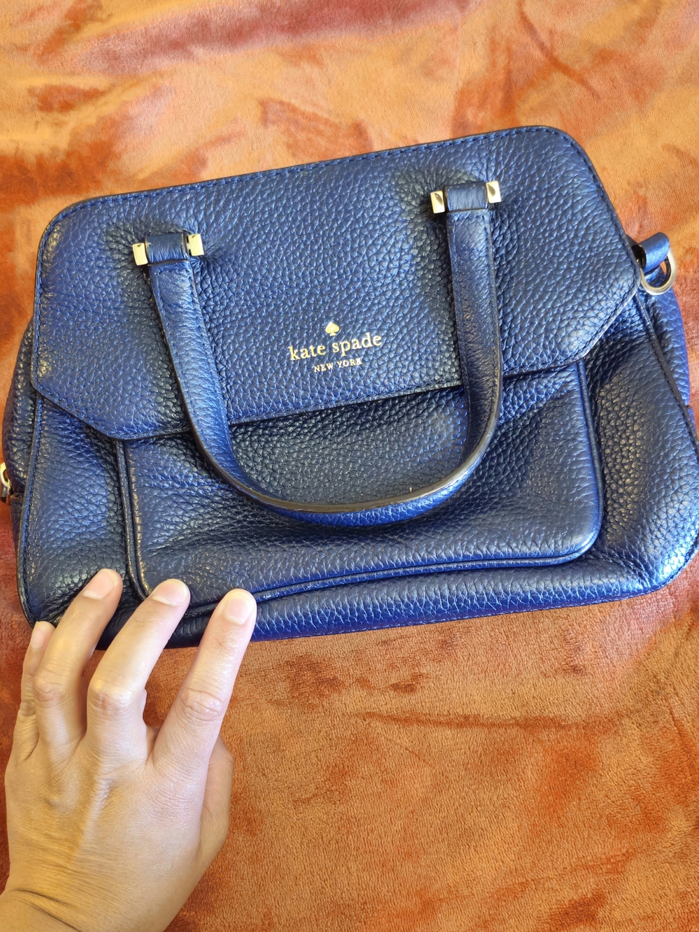 kate spade navy pebbled leather satchel with gold logo hardware